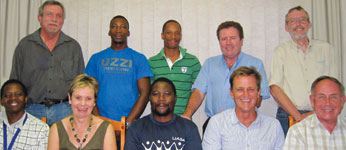 Back row (l to r * denotes mentees): Hennie Prinsloo, Lindelani Mzimela*, Philani Mpansha*, Keith Mitchell* and Kevin McElroy (treasurer). Front row (l  to r): Busani Sibindi*, Jane van der Spuy,  Luckmore Penduka*, Howard Lister (chairman) and John Owen-Ellis (secretary).